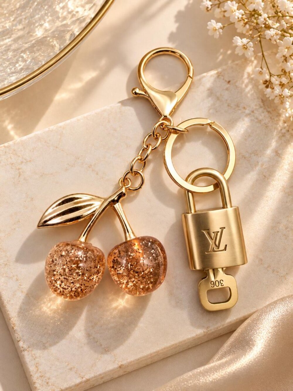 Authentic Louis Vuitton Gold Padlock 🔒 Key Set w/ Unbranded Cherry Bag Charm